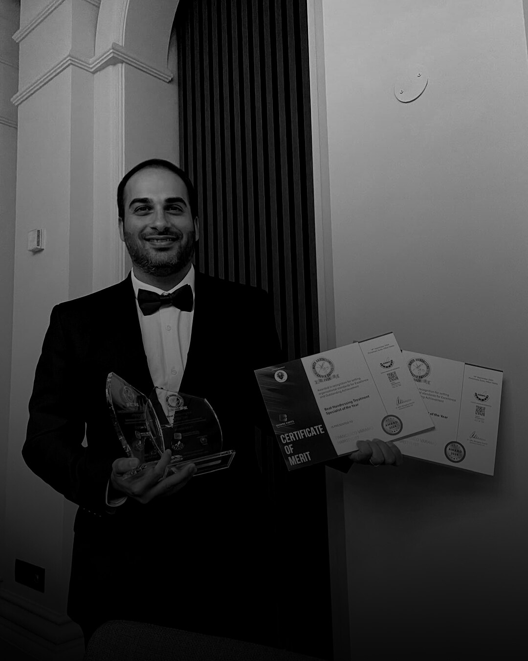 Francesco Varamo with his award trophy and two certificates of merit, September 2024